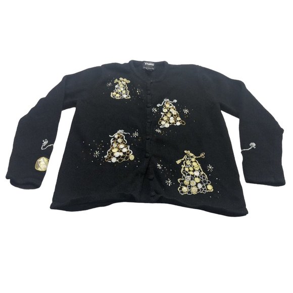 STUDIO JOY Christmas Sweater Sz S Silver Gold Jeweled Trees Designers Originals - Picture 1 of 9